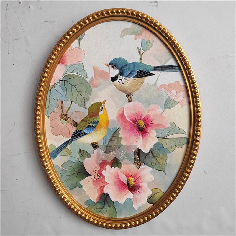 极速45*60美式现代粉色椭圆形可爱小鸟装饰油画女U孩房间卧室床头图片