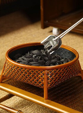 新品手工竹编f炭筐 茶室木炭收纳篮炭篓碳炉配件装炭桶复古工装