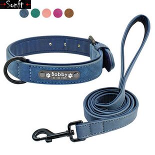 极速Leather Dog Collars Pet Tag Collar Leash LeadT For Large