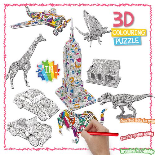 极速3D Coloring Puzzle Stet 4 Pack Puzzles With 10 Pen Marke
