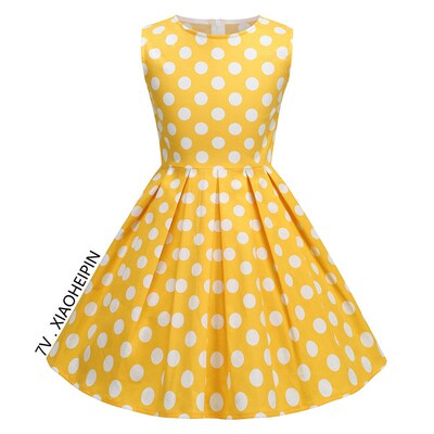 女童黄色圆c点背心连衣裙子夏无袖波点洋气可爱大摆表演出服儿童