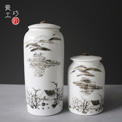 新中式陶瓷花瓶客厅电视柜酒柜玄关陶瓷罐手绘水墨画家居装设摆件