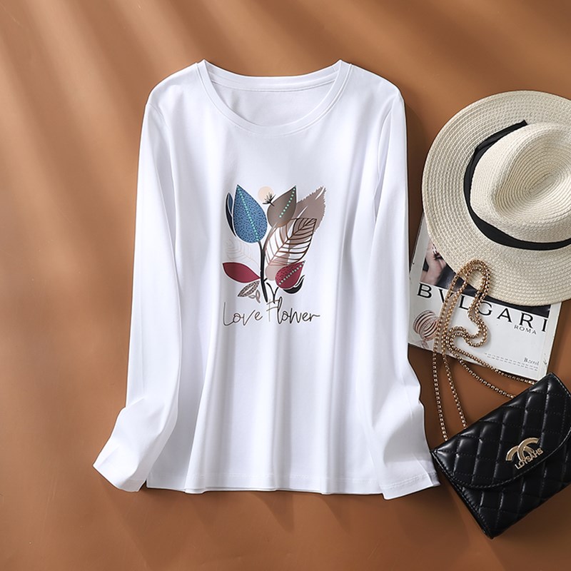 纯棉打底衫女春秋时尚百搭气质2024新款丝光棉印花白色长袖t恤女