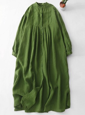 日系亚麻绿色长袖连衣裙女春秋新款文艺气质宽松长袍Xa字大摆裙子