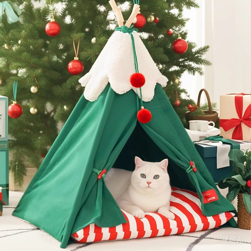 圣诞猫窝雪绒绒宠物帐篷狗窝冬季猫屋半封闭式冬季保暖可拆洗垫子