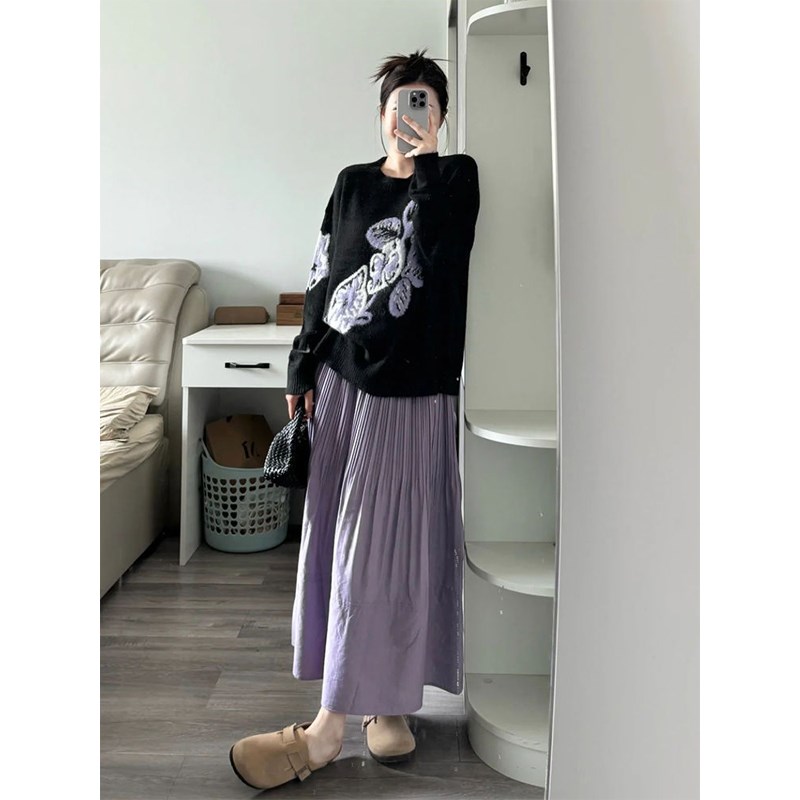 韩系搭配一整套秋装女2024新款气质毛衣L紫色半身裙独特绝美小套