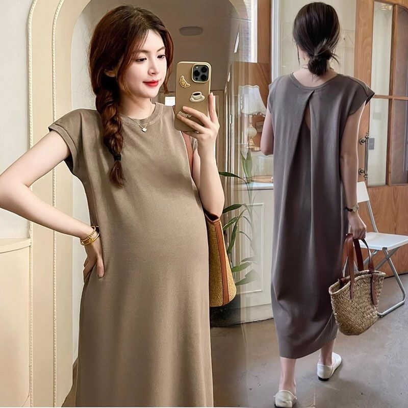 孕妇夏装新款时尚韩版中长款大码短袖圆领过膝孕妇T恤连衣裙外穿