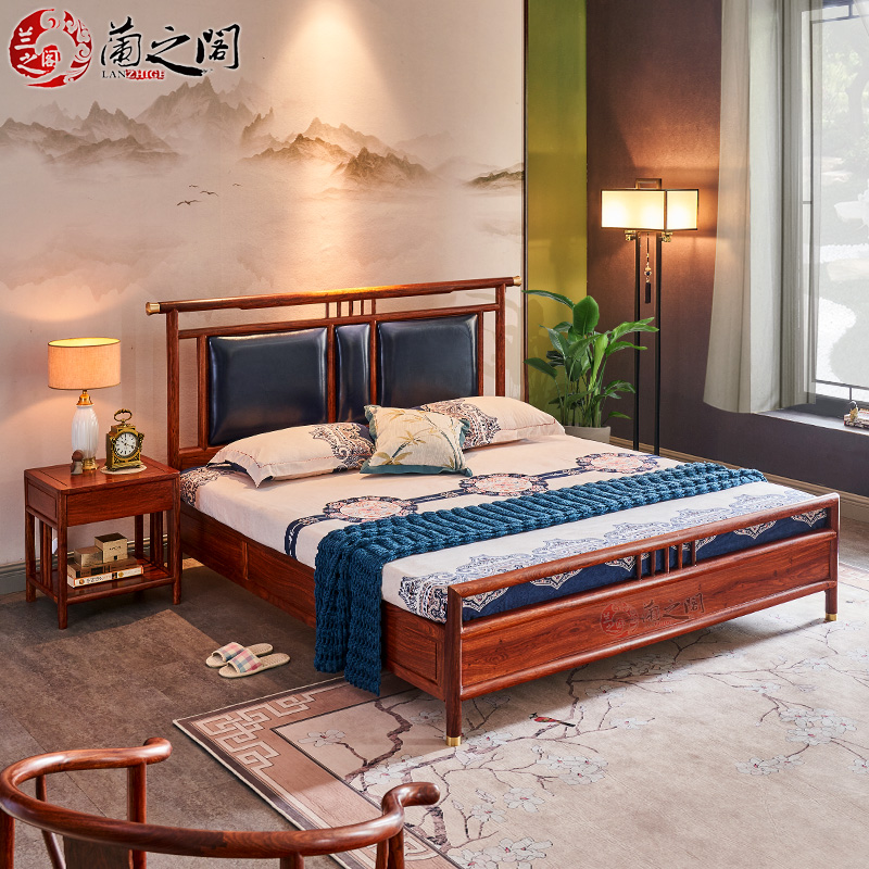 红木家具1.8米双人大床 花梨木新中式双人床 1.8米软包实木床婚床