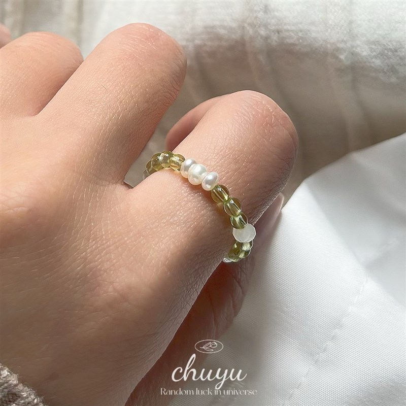 2025新款葡萄石珍珠橄榄石设计天串珠水晶戒指女食指新中式细叠戴