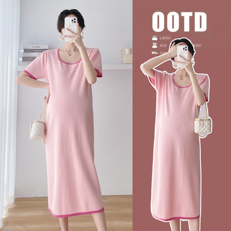 孕妇装夏装时尚韩版短袖方领连衣裙2024新款孕妇裙夏季网红裙子夏