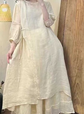 19259小莲~手工o盘扣斜襟高端苎麻连衣裙高端薄款袍子花边系带长