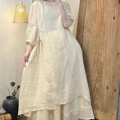 19259小莲~手工o盘扣斜襟高端苎麻连衣裙高端薄款袍子花边系带长