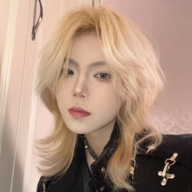 狼尾假发男女通用中性金色网红鲻鱼头中分短直发米白色透气全头套