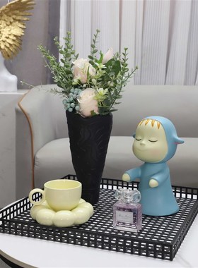 北欧创意金属黑网格方形收纳托盘摆件客厅卧室玄关酒店家居装饰品