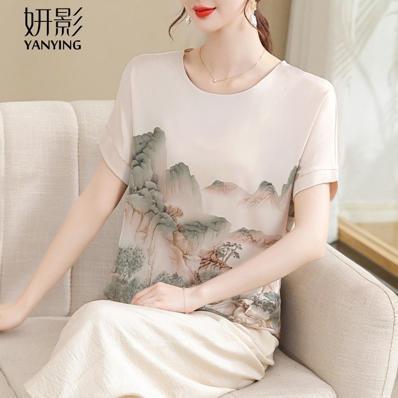 【烈儿】妈妈夏装2025新款短袖t恤洋气雪纺上衣女夏季薄小衫