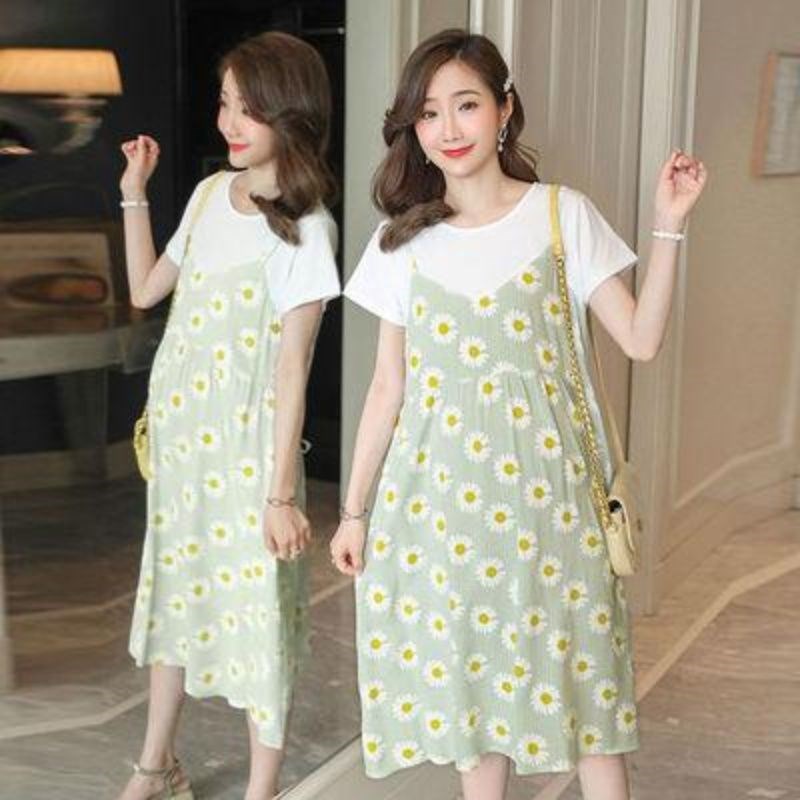 孕妇装宽松清凉时尚大码女装胖妹妹夏装洋气潮妈网红假两件连衣裙