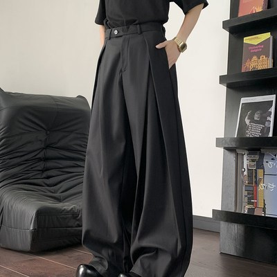 黑色褶皱西裤男女夏季新款日系垂感拖地西装裤高级感阔腿休闲长裤