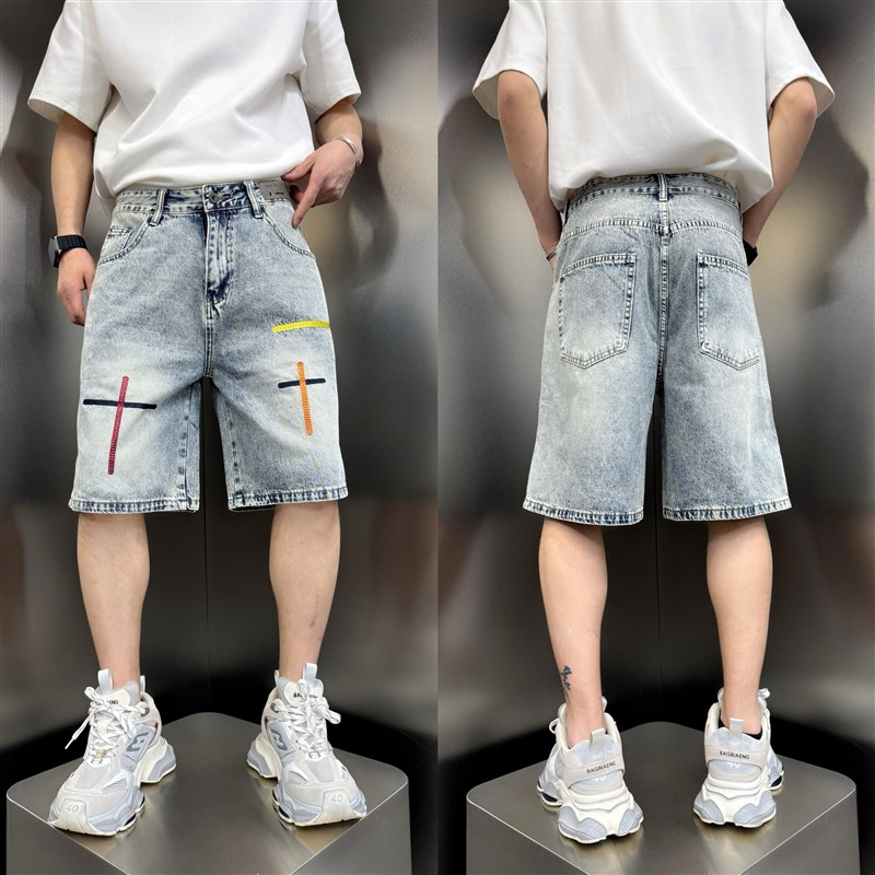 夏季新款美式高街牛仔裤短裤刺绣宽松直筒中裤重磅水洗耐磨五分裤