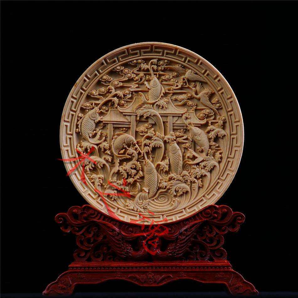 木雕圆盘台屏桧木红花梨底座摆件客厅家居高档装饰工艺品实木