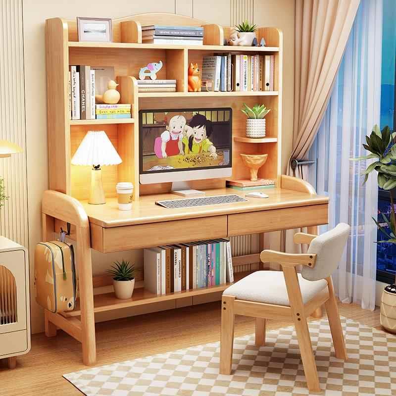 儿童学习桌子中小学生实木书桌带书架小孩子可升降家用课桌椅套装