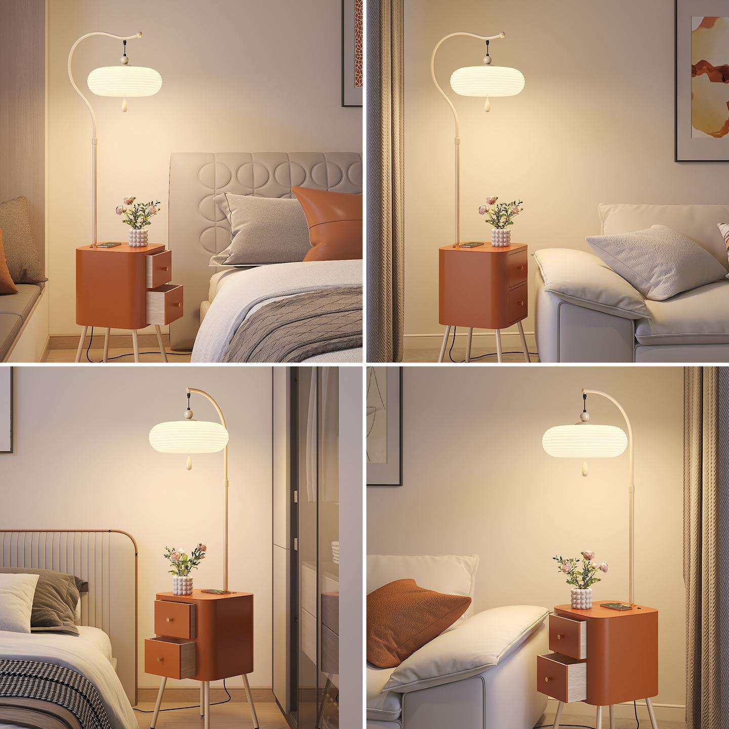 中古落地灯客厅沙发边几美式复古胡桃木色卧室床头置物柜一体台灯