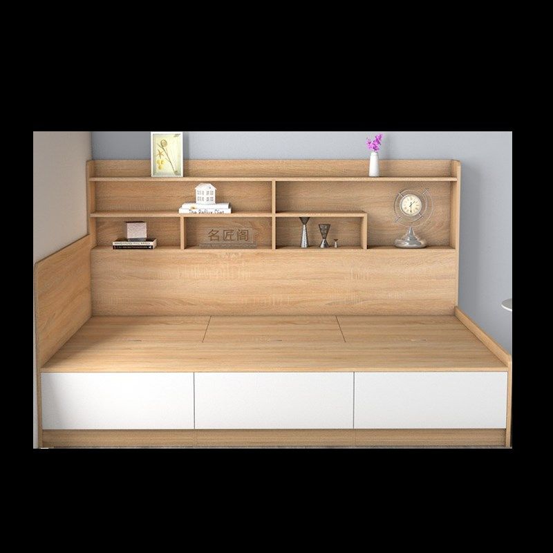 书架床一体靠墙实木单人小户型板式侧开气压1米2榻榻米箱体储物床
