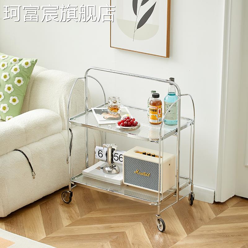 珂富宸网红可移动折叠餐车中古玻璃小推车客厅沙发边几简约轻奢风置物架摆件饰品垫垫
