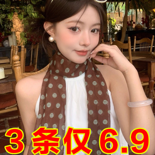2025新款发带绑发长条薄款腰带颈饰围巾棕色波点丝巾高级感系脖女