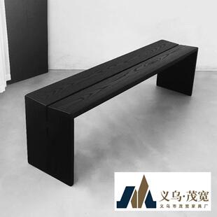 侘寂风黑色实木长凳换鞋凳实木床尾凳客厅餐桌凳北欧简约长条餐椅