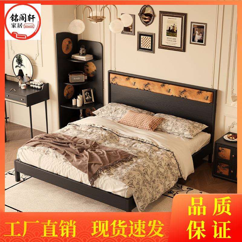 中古风法式复古白蜡木香云纱实木床1米8防潮排骨架床架双人床大床