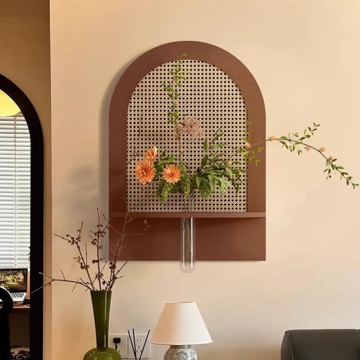 立体竹编砂岩拱形法式复古风花瓶装饰画玄关挂画过道走廊客厅餐厅