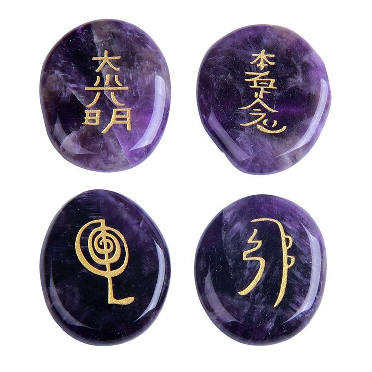天然水晶雕刻灵气符号图案 紫晶青金reiki符文石 亚马逊直供