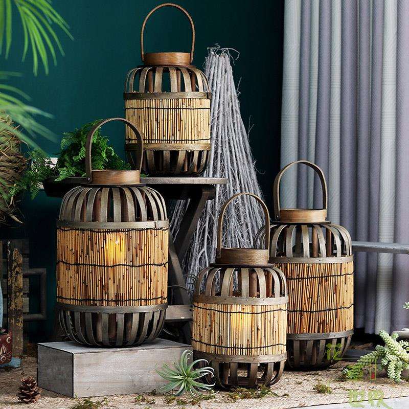 日式复古芦苇木质风灯烛台装饰摆件民宿庭院花园造景餐桌婚庆道具
