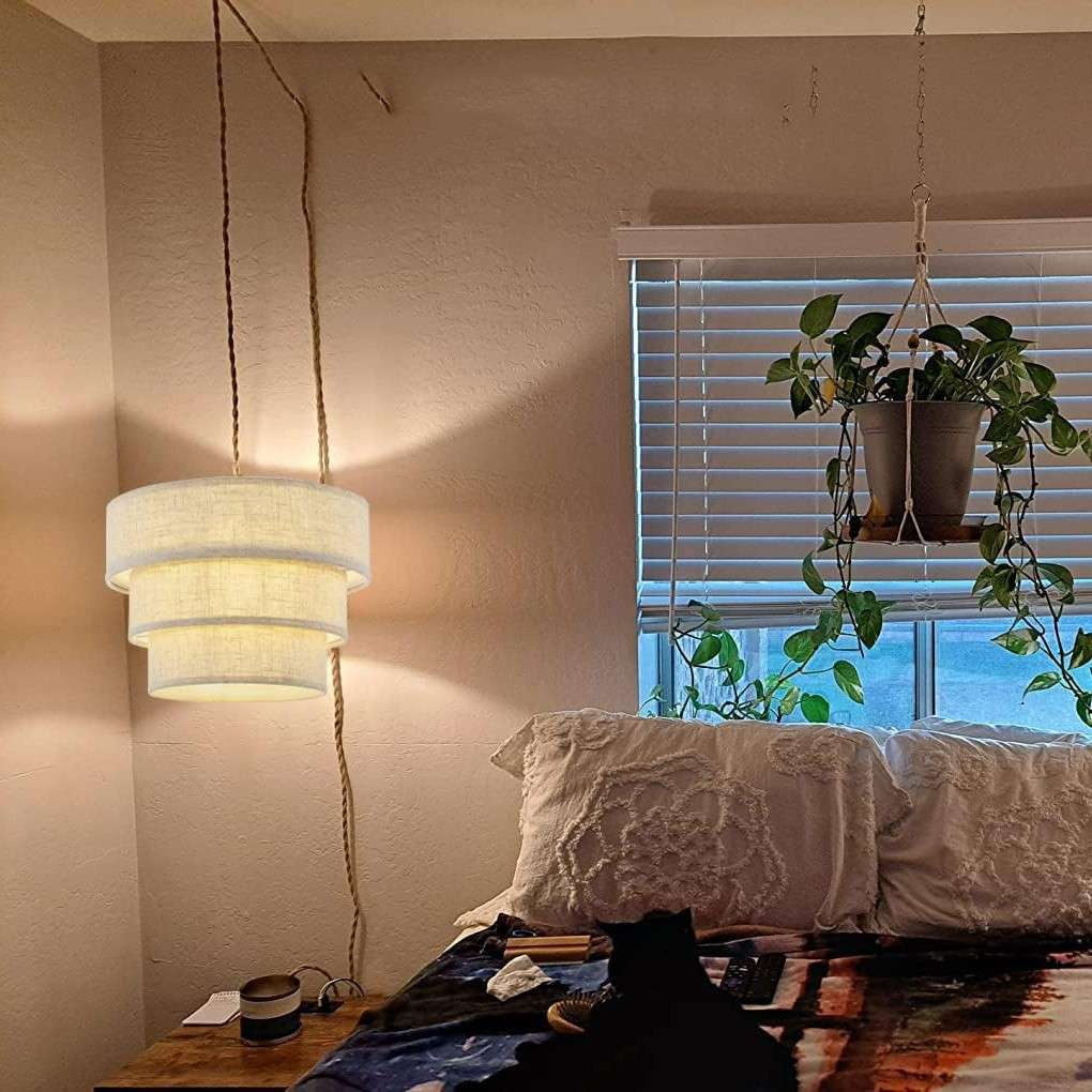 3 层鼓亚麻插头吊灯调光开关吊灯灯具，用于厨房餐厅入口走廊