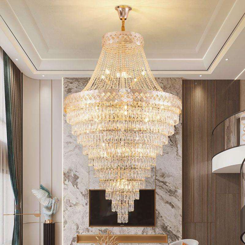 复式楼客厅水晶大吊灯别墅轻奢法式水晶吊灯楼中楼中空旋转楼梯灯