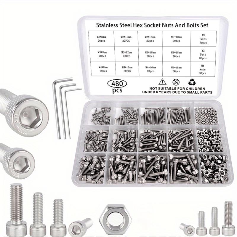 480PCS不锈钢内六角螺母和螺栓组合圆柱头内六角螺丝螺母套装