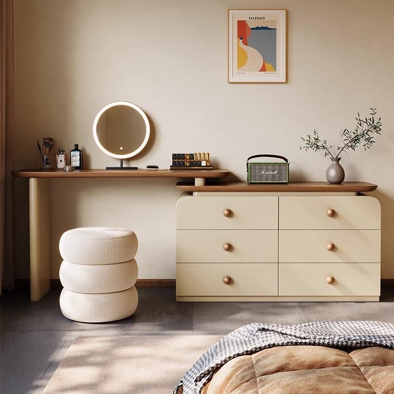 法式现代伸缩中古风新款梳妆台斗柜一体可旋转胡桃木大小户型实木