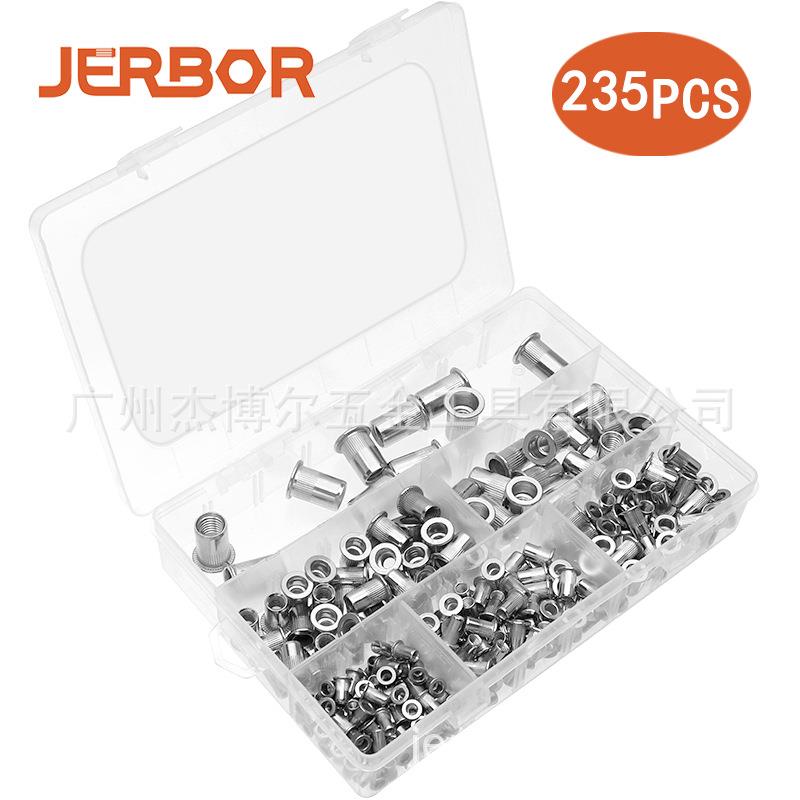 235pcs盒装 不锈钢铆螺母M3/4/5/6/8/10 平头滚花竖纹拉帽铆螺母