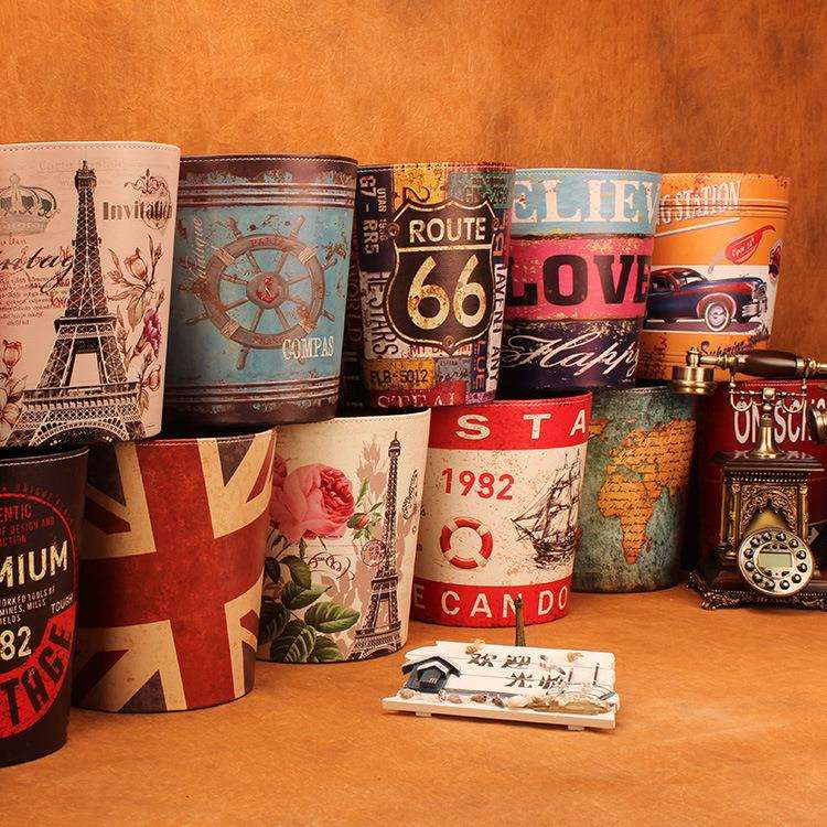 厂家英伦皮革圆形大垃圾桶家用简约无盖垃圾篓复古纸篓收纳