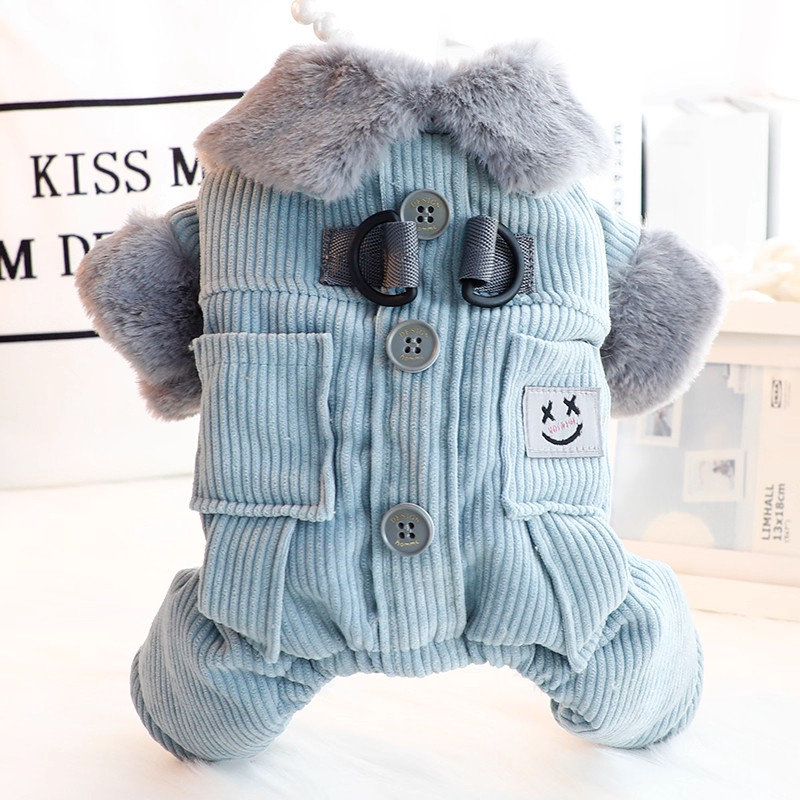 日本狗狗衣服小型犬泰迪宠物秋冬装厚款方口袋灯芯绒四腿牵引棉衣