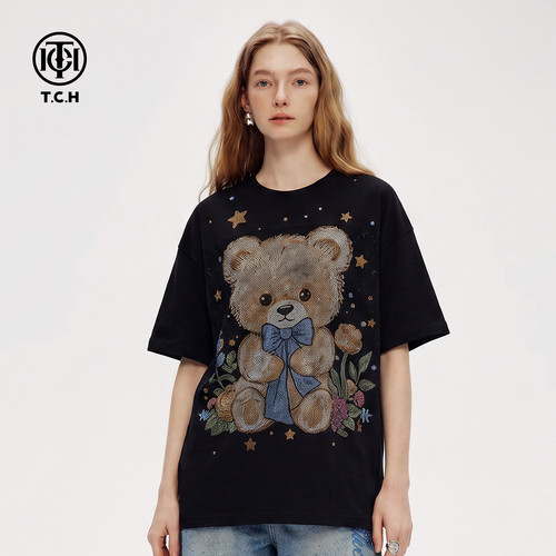 TCH潮牌烫钻小熊短袖T恤女夏季宽松圆领重工百搭上衣T78A10B9099