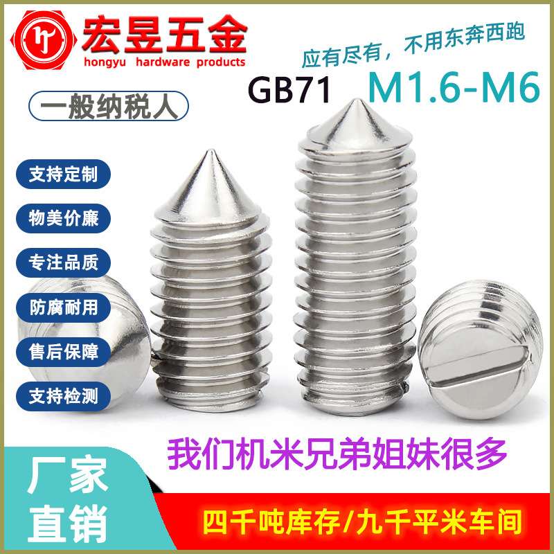 304不锈钢一字开槽尖端机米紧定无头螺丝止付顶丝螺钉M1.6M2M3-M6