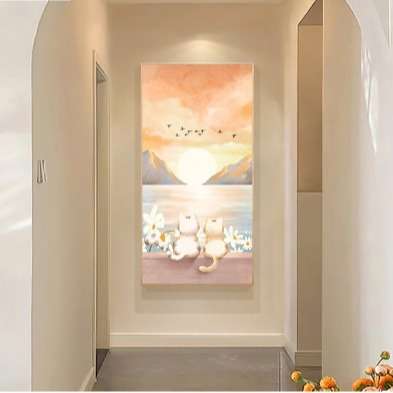 手绘油画奶油风山海相伴海景小清新玄关楼梯过道装饰画挂画竖版图片