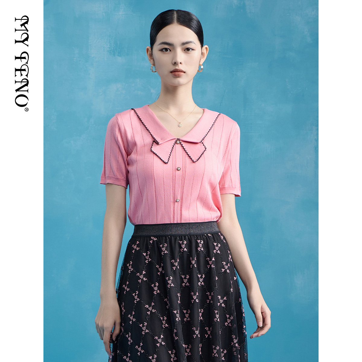 马天奴粉色蝴蝶结短袖针织衫