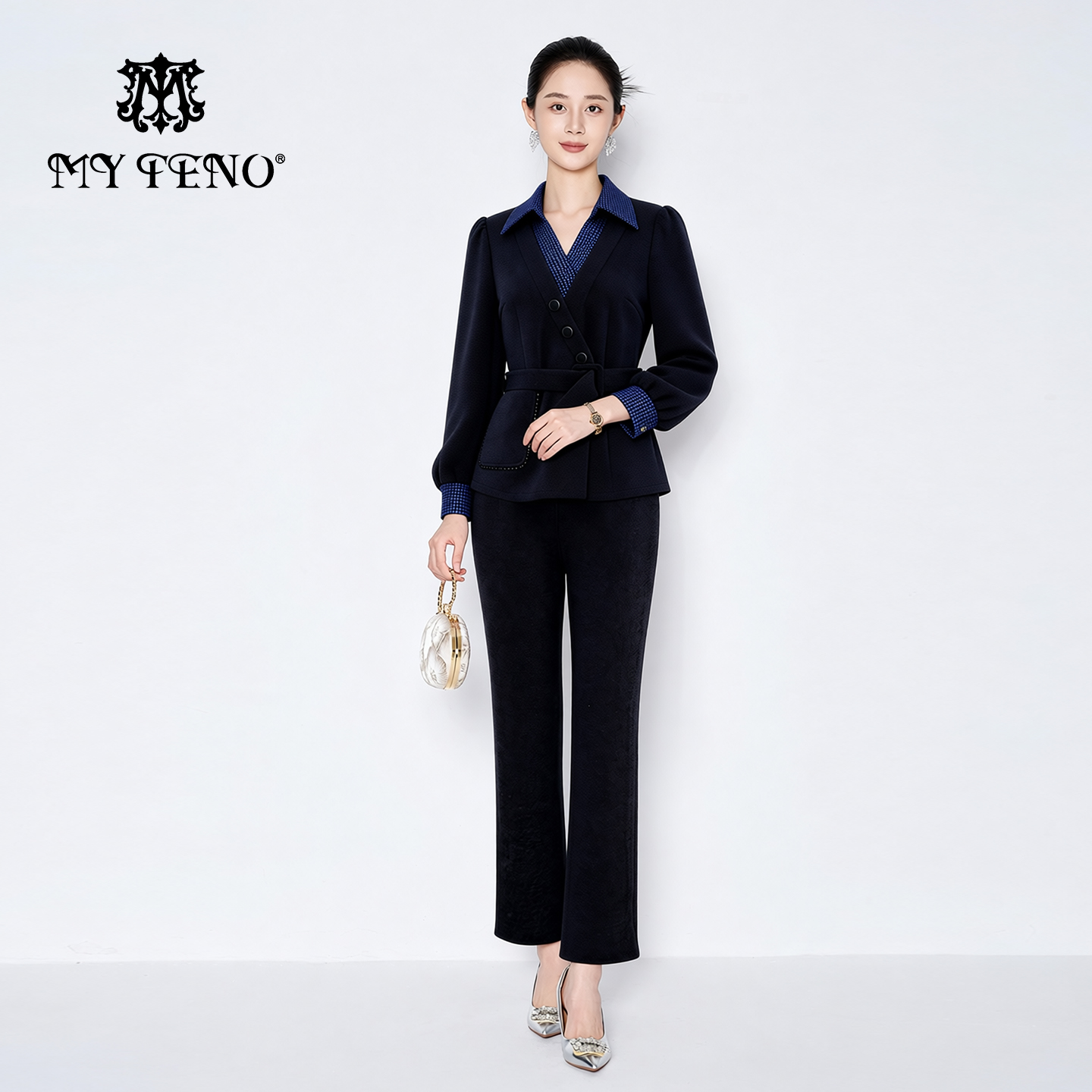 马天奴灰蓝拼接外套休闲裤套装