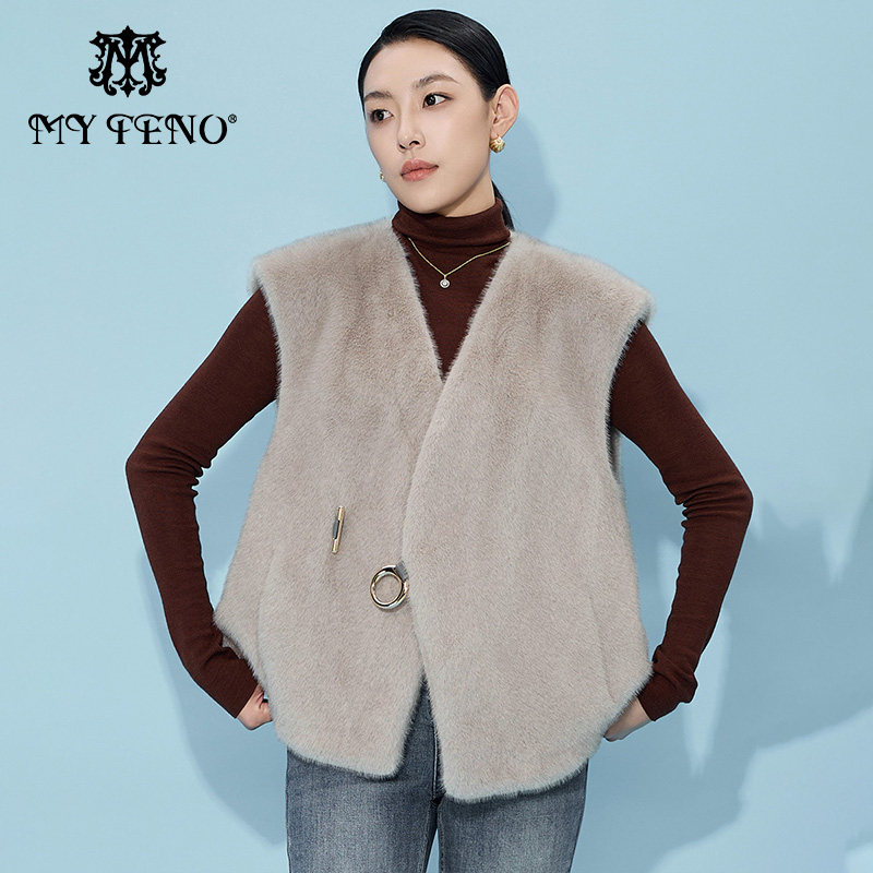 马天奴灰色V领金属扣金貂绒马甲