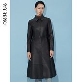 马天奴女装 黑色羊皮革翻领单排扣皮衣皮外套风衣收腰时尚 冬季 新款