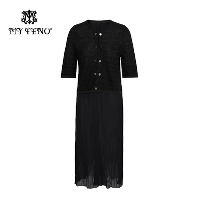 马天奴黑色圆领长款针织开衫