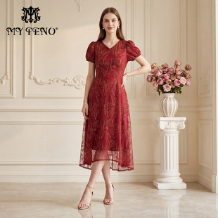 礼裙女 收腰连衣裙子长裙气质时尚 马天奴2026春夏新款 红色刺绣短袖