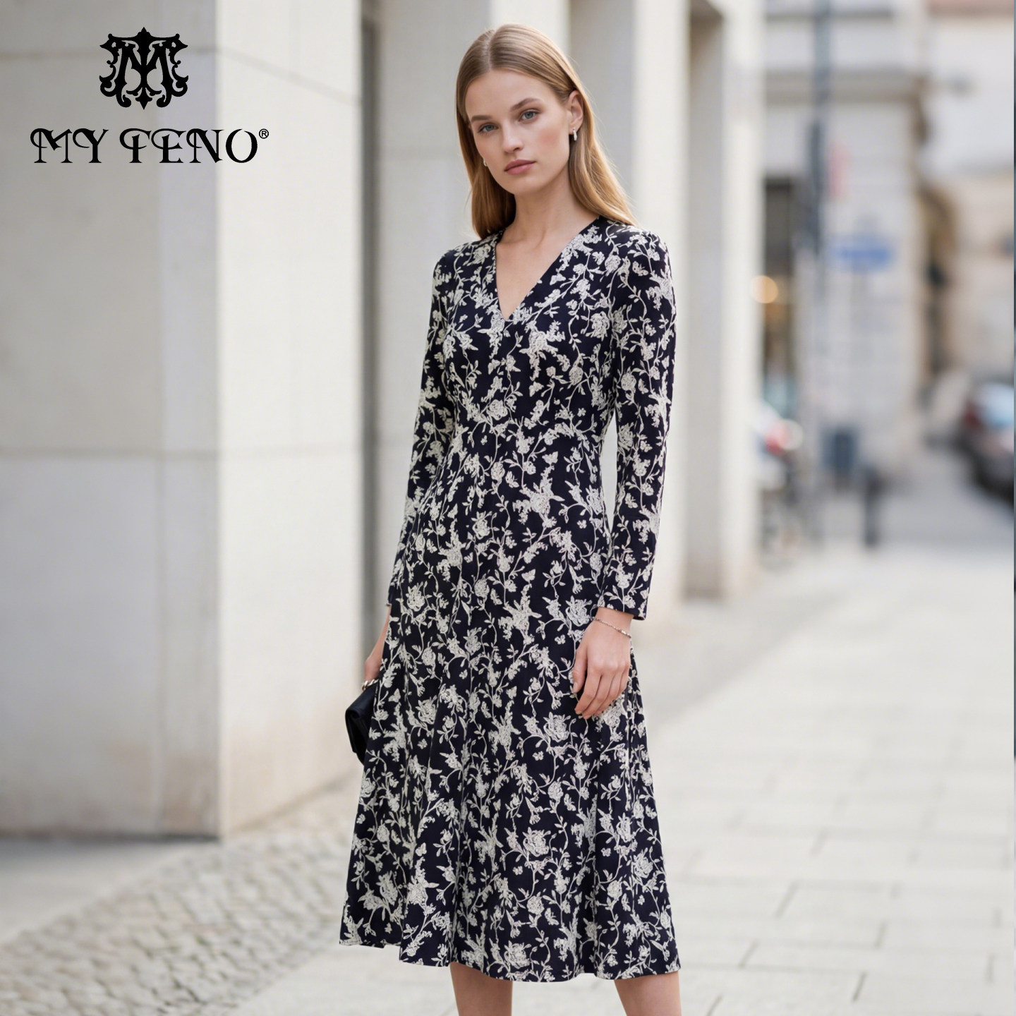 马天奴春秋新款黑色提花连衣裙收腰长袖气质礼裙高级女装长裙子